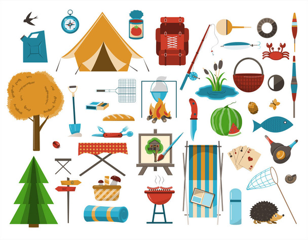 A big set of flat icons for camping. Vector cartoon illustration. Equipment for Hiking, mountaineering and camping-a set of icons and infographics. Tree house, tent, camping utensils, backpack and - Vektori, kuva