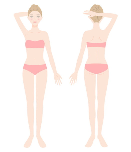 vrouw vol lichaam in ondergoed. voor- en achteraanzicht van staand vrouwtje. Schoonheidsverzorging concept - Vector, afbeelding
