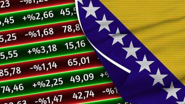 Реалистичный флаг Боснии и Герцеговины, номера фондового рынка, эффект текстуры ткани 3D иллюстрация - Фото, изображение