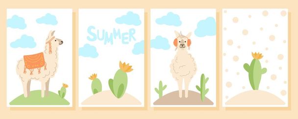 Conjunto de carteles con lindas llamas y cactus. Plantilla vectorial de felicitación tarjetas de verano. - Vector, Imagen