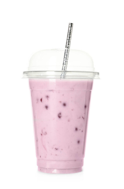Delicious smoothie with straw in plastic cup isolated on white - Φωτογραφία, εικόνα