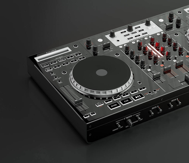 Zenei instriument, DJ mixer vezérlő egy sötét stúdióban, senki, 3D renderelés - Fotó, kép