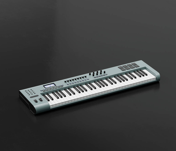 Música instriument, sintetizador, teclado eletrônico no chão em um estúdio escuro, ninguém, renderização 3d - Foto, Imagem