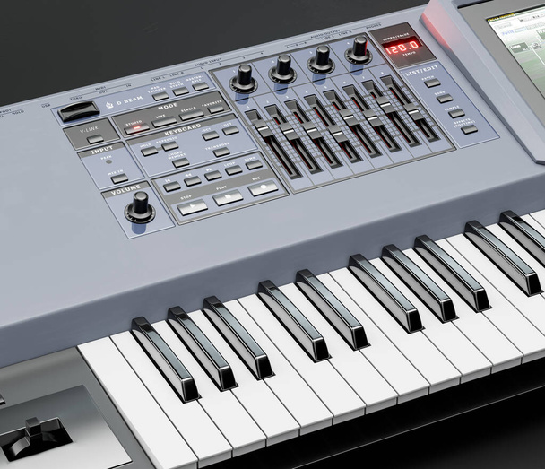 Intruments musicaux, Synthétiseur, clavier électronique au sol dans un studio sombre, personne, rendu 3D - Photo, image