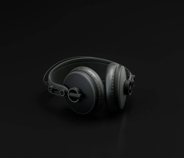 Music instriument, professional headphone on the floor in a dark studio, nobody, 3d rendering - Photo, Image