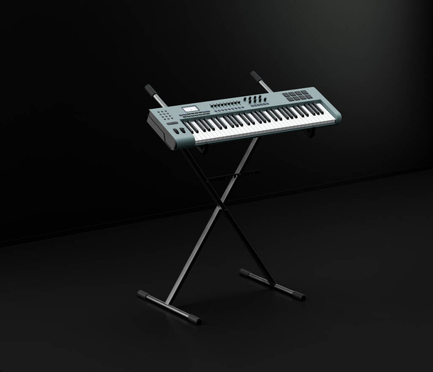 Музичний інструктор, підставка для клавіатури студії та клавіатура на ній у темній студії, ніхто, 3d візуалізація
 - Фото, зображення