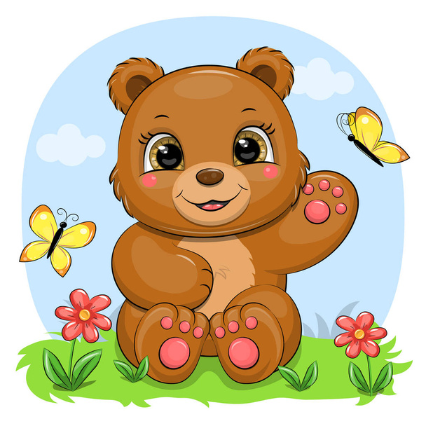 Leuke cartoon bruine beer met bloemen en vlinders. Vectorillustratie van dieren in de natuur. - Vector, afbeelding