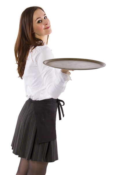 Young female waitress holding blank - Foto, imagen