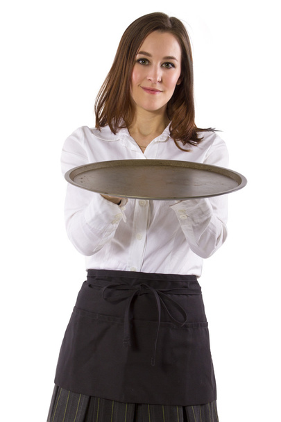 Young female waitress holding blank - Foto, afbeelding