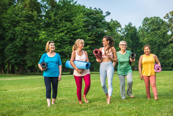 Multiethnic group of senior women training at park with fitness instructor - Active elderly people doing sport in the nature - Foto, imagen