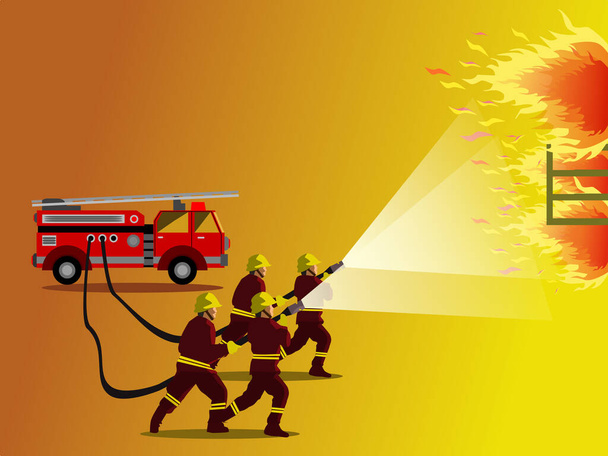 Quatre pompiers masculins pulvérisant de l'eau sur un bâtiment en feu avec des camions de pompiers et du jaune en arrière-plan. - Vecteur, image