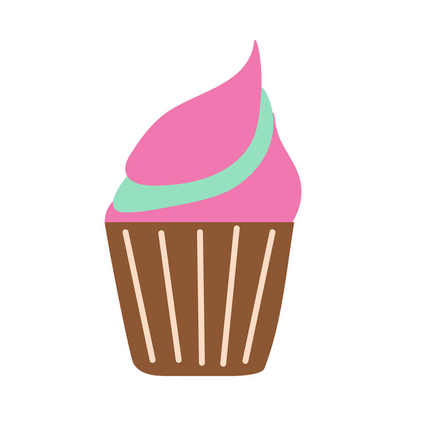 Farbige Cupcake in einer Schüssel mit rosa Creme auf einem isolierten Hintergrund. Desserts backen. Teezeit. Designelemente. Ungesunde Ernährung. Flache Illustration. - Vektor, Bild