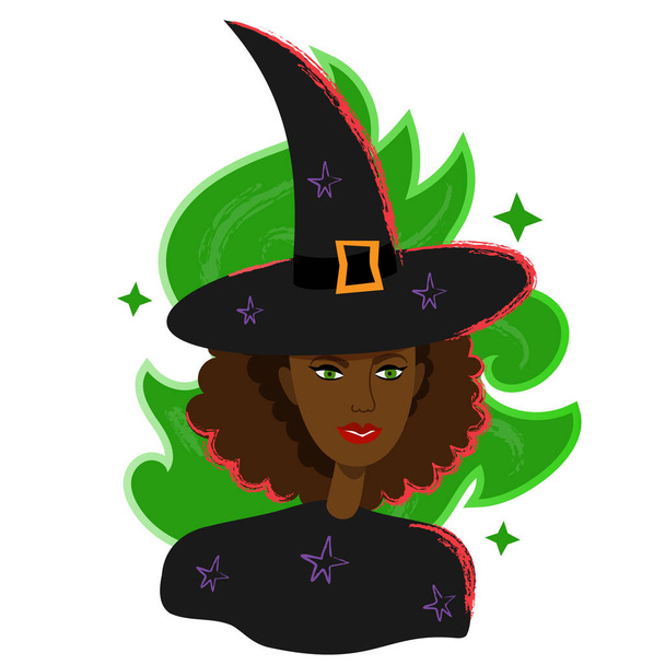 Donna nera ritratto strega in cappello. Avatar femminile strega di Halloween in stile piatto cartone animato. Magican nero pelle personaggio ritratto isolato su bianco - Vettoriali, immagini