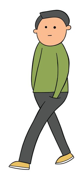 Cartoon man loopt met zijn handen in zakken, vector illustratie. Gekleurde en zwarte contouren. - Vector, afbeelding