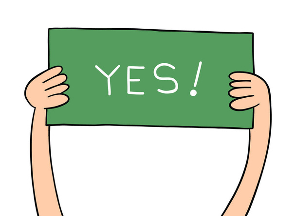 Cartoon holding up yes sign, vector illustration. Colored and black outlines. - Vector, Image