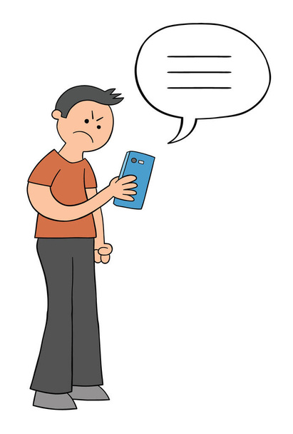 Homem dos desenhos animados mensagens de texto no smartphone e irritado, ilustração vetorial. Desenhos coloridos e pretos. - Vetor, Imagem