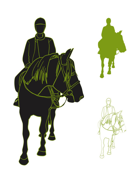 Egy lovas körvonalai és sziluettjei egy lovon. Vektorillusztráció - Vektor, kép