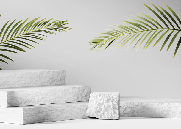 3D-Hintergrund, Podium aus Stein. Grüne tropische Palme. Kosmetik, Werbung für Schönheitsprodukte weißer Sockel. Natürlicher Schatten, rau grauer Fels. Abstraktes minimales Studio 3D Rendering  - Foto, Bild