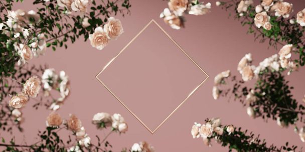 3D sfondo quadrato display cornice in oro. su rosa polvere. Natura fiore di rosa. Estate e primavera femminile, prodotto di bellezza, promozione cosmetica o banner vetrina di testo. Mockup astratto rendering 3D - Foto, immagini