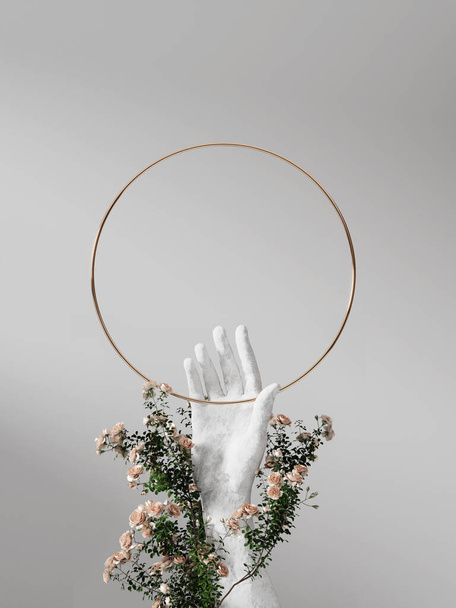 3D background round frame display, stone hand sculpture. Nature rose flower blossom. White feminine summer and spring showcase, beauty product, cosmetic promotion or text. Abstract  mockup 3D render - Foto, Imagem