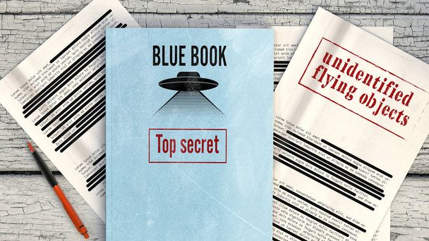 Проект "Блакитна книга" (англ. Project Blue Book) - кодова назва для систематичного вивчення неідентифікованих літаючих об'єктів ВПС США. Розшифровані документи та файли, надсекретні файли на столі. 3d рендеринг  - Фото, зображення