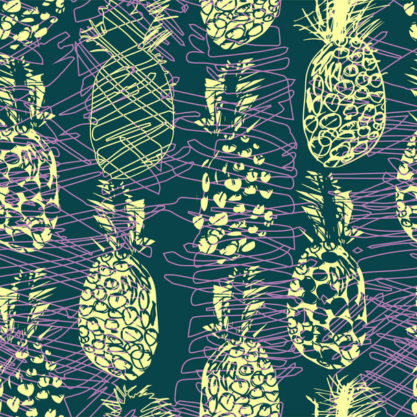 Tropical seamless pattern with pineapple freehand drawn in doodle style. - Vektor, kép