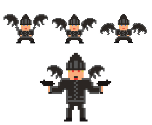 pixel art set of evil flying person in black clothses and hat, w - Vektor, Bild