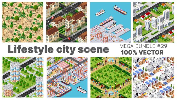 La scène lifestyle citys met en scène des illustrations sur des thèmes urbains avec des maisons - Vecteur, image