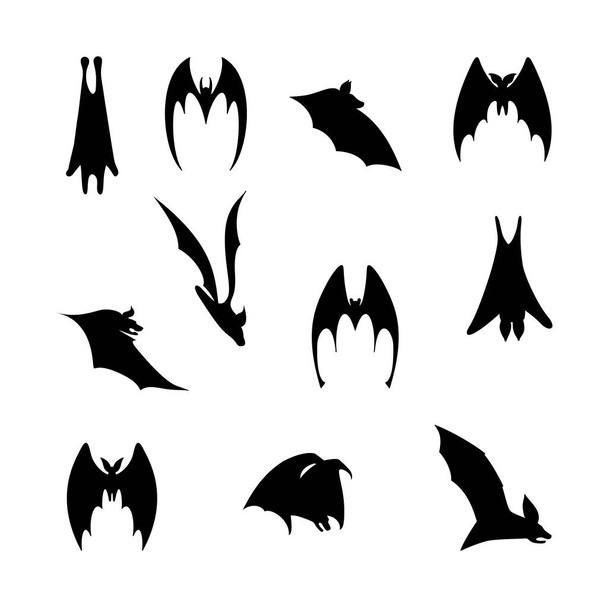 vector ilustración de murciélagos en vuelo. Silueta de ratón negro. Conjunto de murciélagos de diferentes formas - Vector, imagen