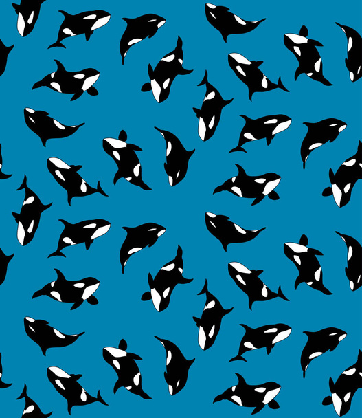 Vector seamless pattern of hand drawn killer whale swimming on blue background. Texture with jamb of Orca - Вектор, зображення