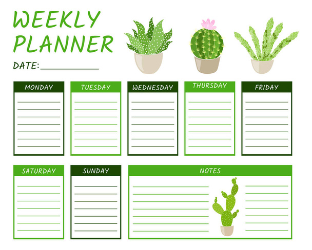 Modelo de planejador semanal de calendário bonito com ilustração de cactos vetoriais - Vetor, Imagem