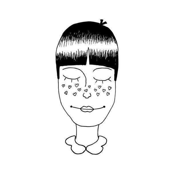 Vector illustration of a girl's head with freckles in the shape of a heart. Young enamored woman portrait - ベクター画像