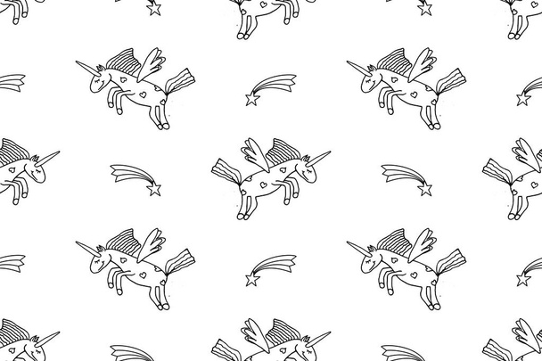 Vektor-Illustration des nahtlosen Musters von niedlichen Einhörnern. Kinder Malvorlagen Buch Hintergrund - Vektor, Bild