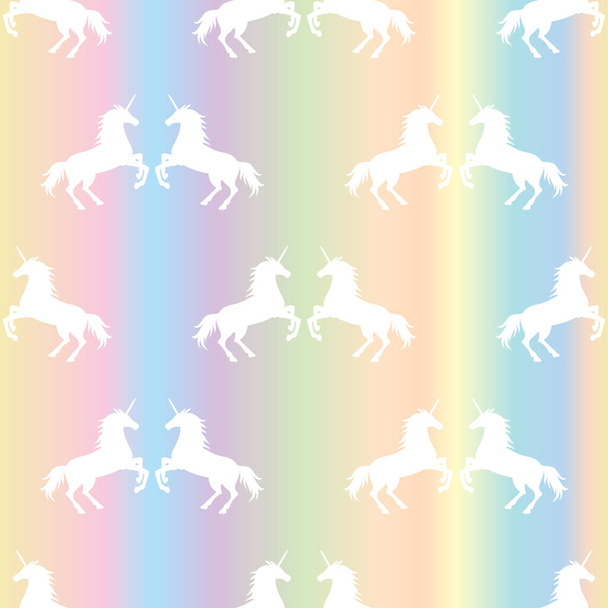 Vector illustration of seamless pattern from white unicorns silhouette on pastel rainbow background. Unicorn couple texture - Vecteur, image
