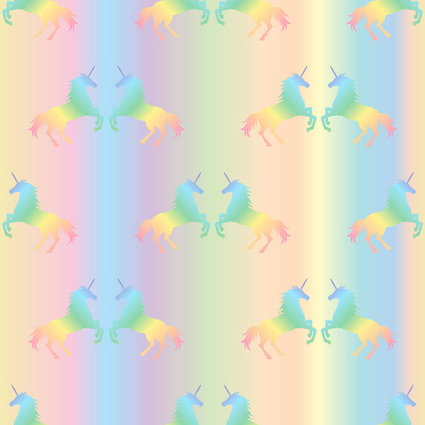  Векторная иллюстрация бесшовного рисунка из радужных единорогов на пастельном градиентном фоне. Текстура единорога - Вектор,изображение