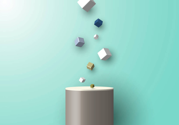3D realistic studio platform presentation podium festive cube box fall effect elements on green mint background. Vector illustration - Wektor, obraz