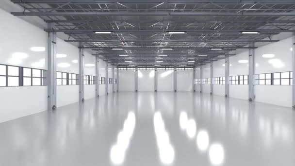 3d renderowania wnętrza pustej fabryki z lampami wiszącymi HD - Materiał filmowy, wideo