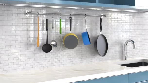 3D renderizado estante de la cocina con utensilios en la pared blanca 4k metraje - Imágenes, Vídeo