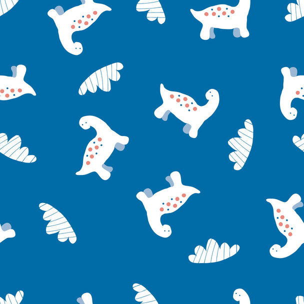 Hand drawn vector seamless pattern of white dinosaurs and striped clouds. Perfect for scrapbooking, greeting card, poster, textile and prints. Doodle style illustration for decor and design. - Vektör, Görsel