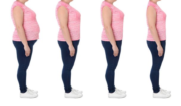 Collage with photos of woman before and after weight loss diet on white background - Photo, image