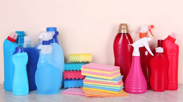 Cleaning products on shelf - Foto, Imagen