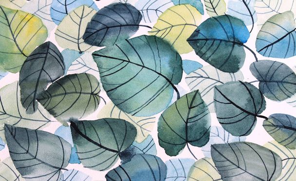 Aquarell blaue und grüne abstrakte Blätter auf weißem Hintergrund. Kreative handgezeichnete Clip-Art für Hochzeit, Feier, Tapete, Verpackung - Foto, Bild