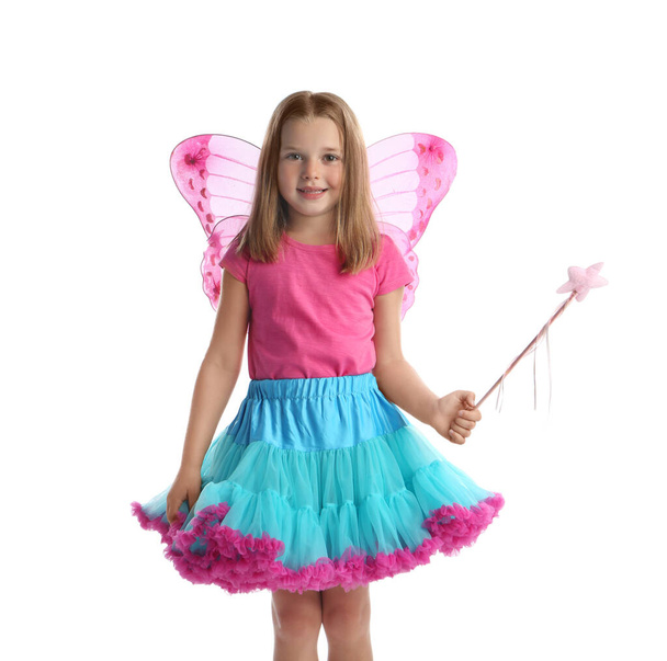 Cute little girl in fairy costume with pink wings and magic wand on white background - Foto, Imagem