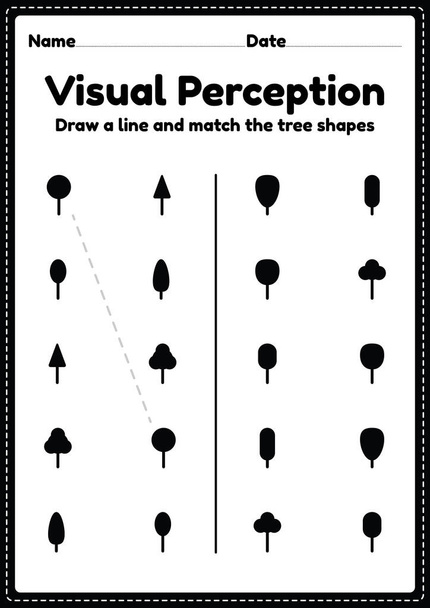 視覚活動スキルは、目や脳の活動を発達させるのに役立つ幼稚園や幼稚園の子供たちのためのワークシートを形作る. - ベクター画像
