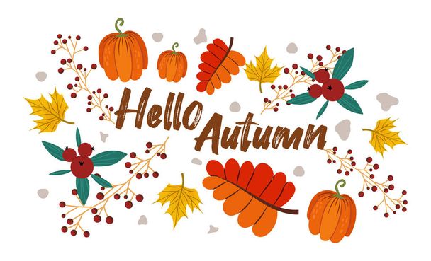紅葉、カボチャ、クランベリーとこんにちは秋。カラフルな葉、野菜で飾られています。ポスターや招待状のベクターイラスト。秋の収穫と葉の秋祭り. - ベクター画像