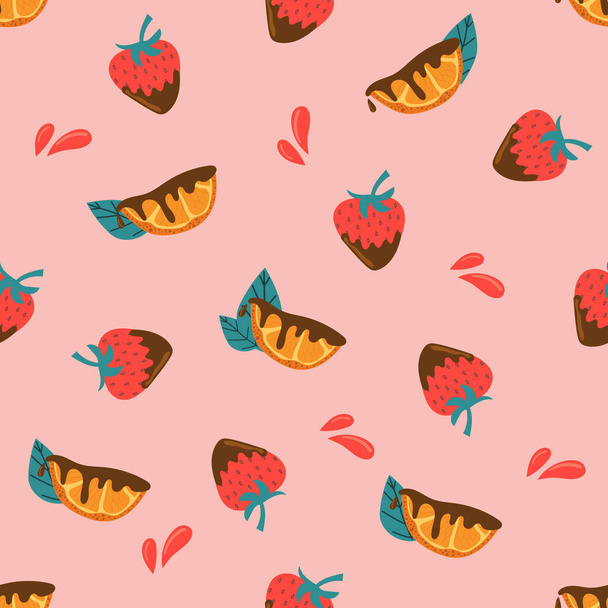 Seamless pattern of orange slice and strawberry in chocolate on pink background. - Vecteur, image
