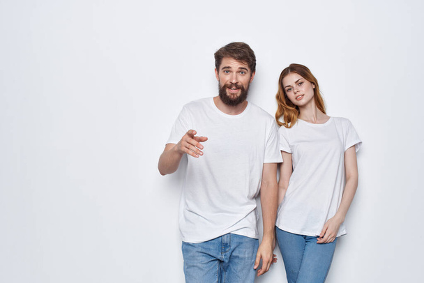 young couple white t-shirts fun lifestyle posing communication - Photo, Image