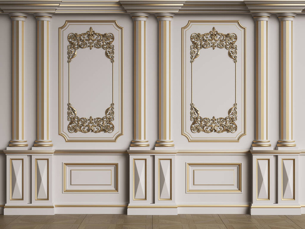 Classic interior wall with mouldings.Floor parquet herringbone.Digital illustration.3d rendering - Foto, afbeelding