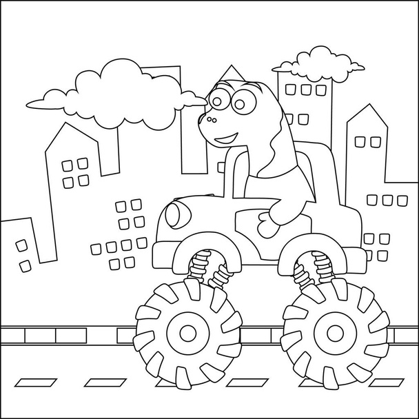 Vektor-Illustration von Monster-Truck mit niedlichen Dinosaurier-Fahrer. Karikatur isolierte Vektorillustration, Kreativer Vektor Kindliches Design für Kinder Aktivität Malbuch oder Seite. - Vektor, Bild