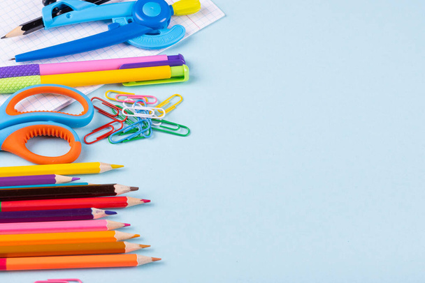 School supplies on a color background. - 写真・画像